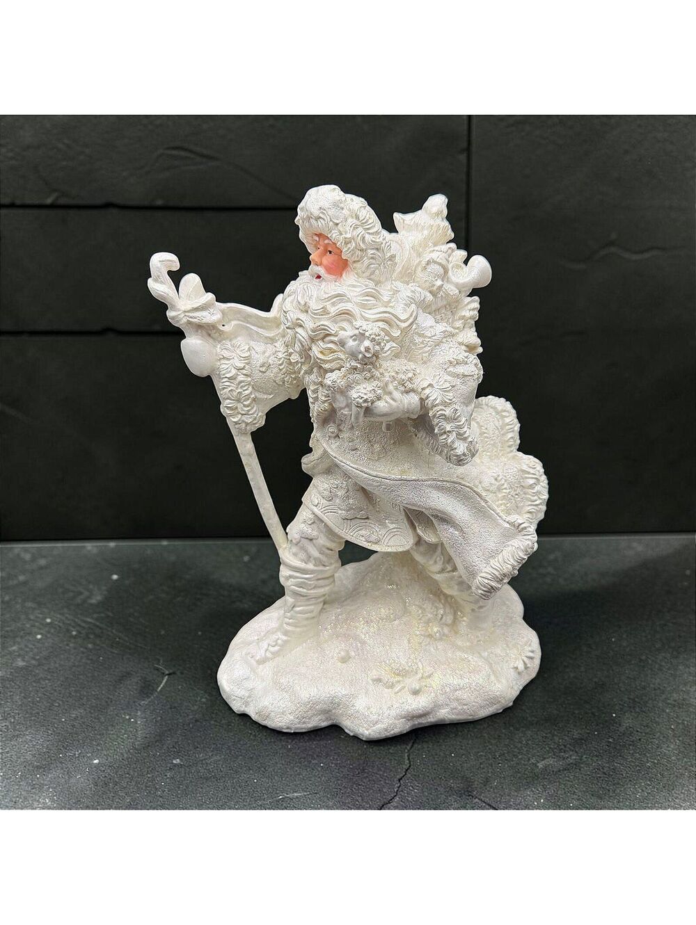 Vintage White Glitter Santa Figurine Reindeer Staff Lamb Christmas Decor 10.5"